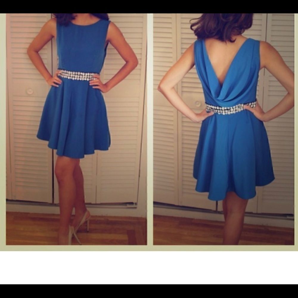 Foreign Exchange Cobalt Blue Cocktail Dress with Rhinestone Belt Size Small